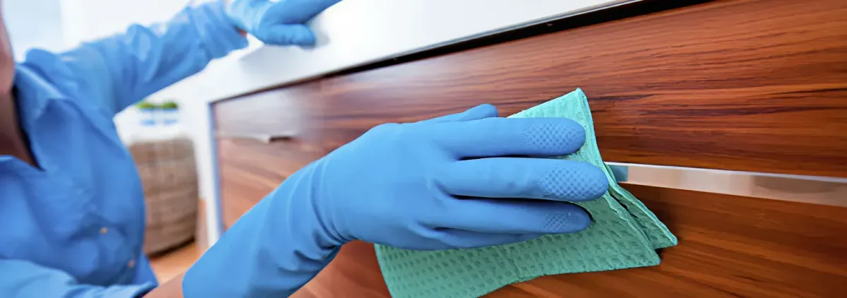 Cleaner wearing blue gloves wiping a wooden cabinet drawer with a microfiber cloth for dust and grime removal, Scottsdale, AZ.