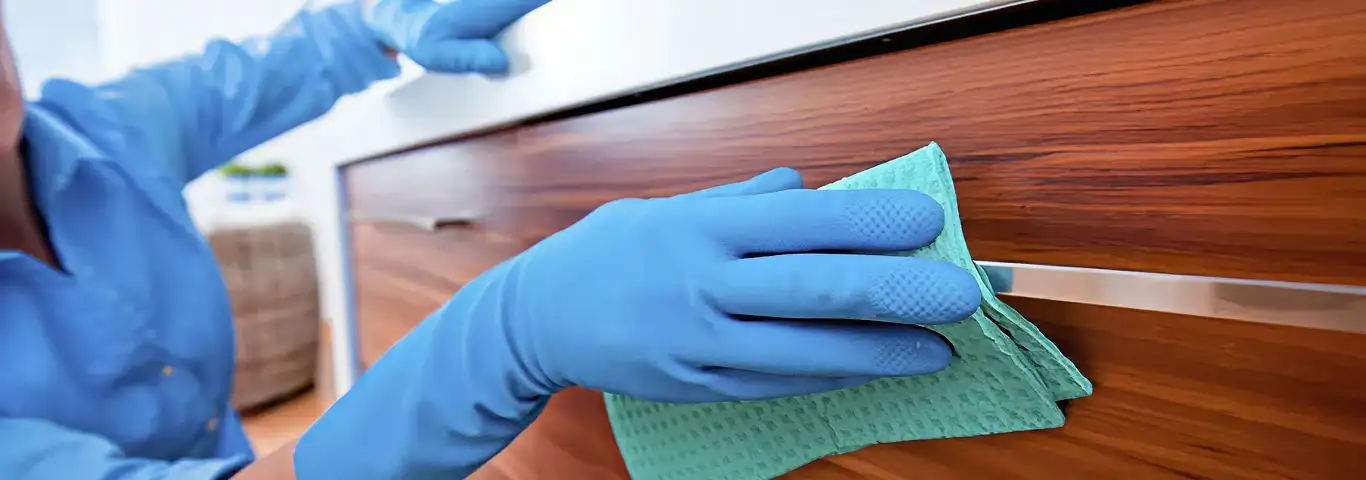 Cleaner wearing blue gloves wiping a wooden cabinet drawer with a microfiber cloth for dust and grime removal, Scottsdale, AZ.
