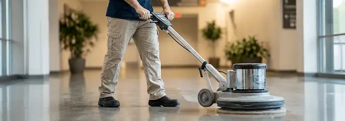Professional technician using an industrial floor buffer to polish and maintain shiny commercial flooring in a corporate hallway in Scottsdale, AZ.
