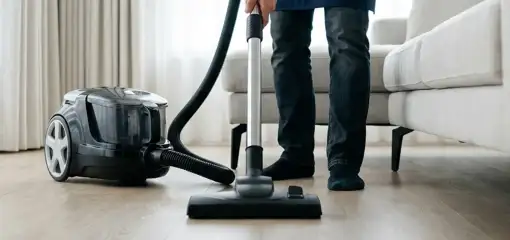 Professional house cleaner vacuuming a living room floor with a canister vacuum cleaner, Scottsdale, AZ.