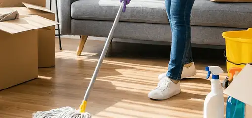 Move-out cleaning setup with a cleaner mopping hardwood floors near moving boxes and cleaning supplies, Scottsdale, AZ.