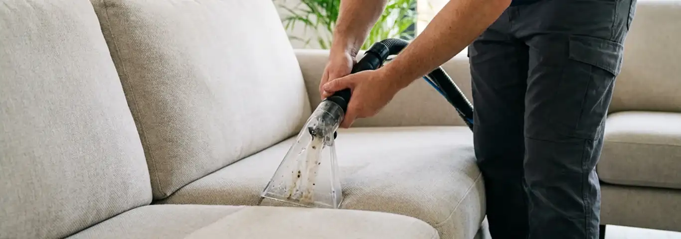 Technician extracting dirt and moisture from a fabric sofa with an upholstery cleaning wand, Scottsdale, AZ.