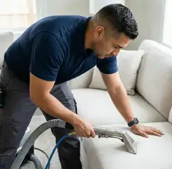Professional upholstery cleaning technician using an extraction wand to deep-clean a fabric sofa, Scottsdale, AZ.