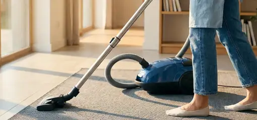 Person vacuuming a living room rug with a canister vacuum cleaner near large windows, Scottsdale, AZ.